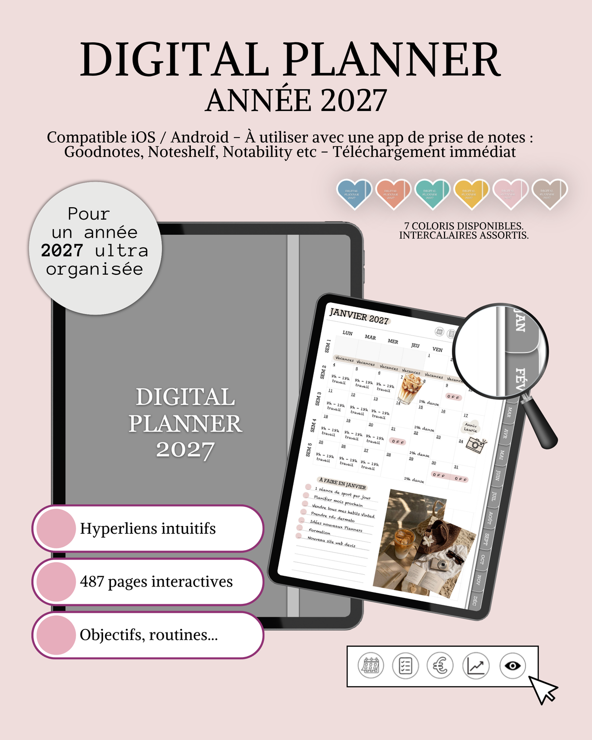 Agenda Digital 2027 / Planner Interactif iPad - 487 pages - 7 coloris - Liens cliquables - Goodnotes
