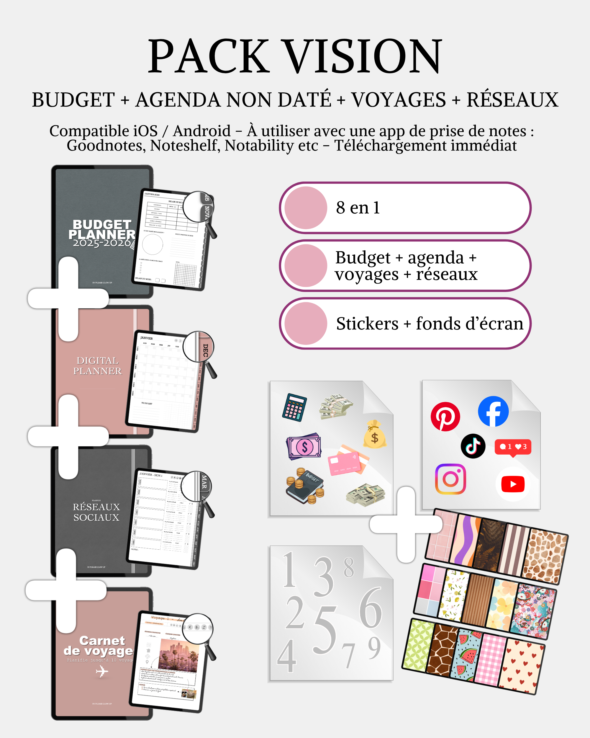 Pack Vision -  Budget  + agenda + voyages + réseaux + stickers + fonds d'écran